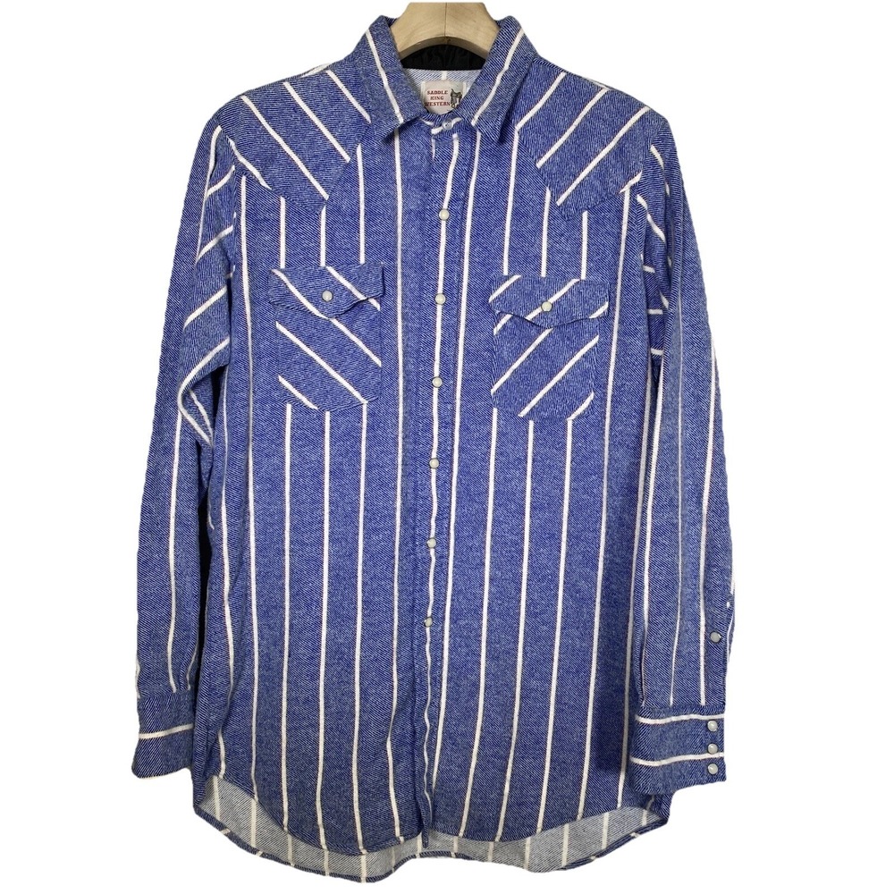 Vintage Saddle King Western Flannel Pearl Snap Shirt Mens Size XL 17 1/2 Striped